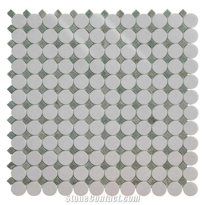 Thassos Marble and Desert Jade Round Square Mosaic Tiles