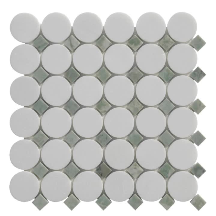 Thassos Marble and Desert Jade Round Square Mosaic Tiles