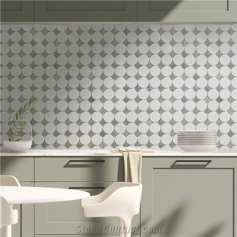 Thassos Marble and Desert Jade Round Square Mosaic Tiles