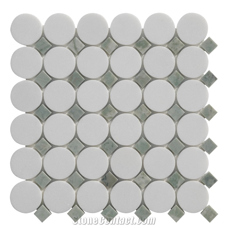 Thassos Marble and Desert Jade Round Square Mosaic Tiles