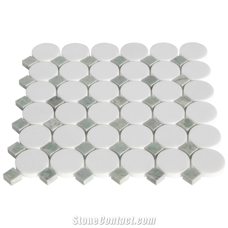 Thassos Marble and Desert Jade Round Square Mosaic Tiles