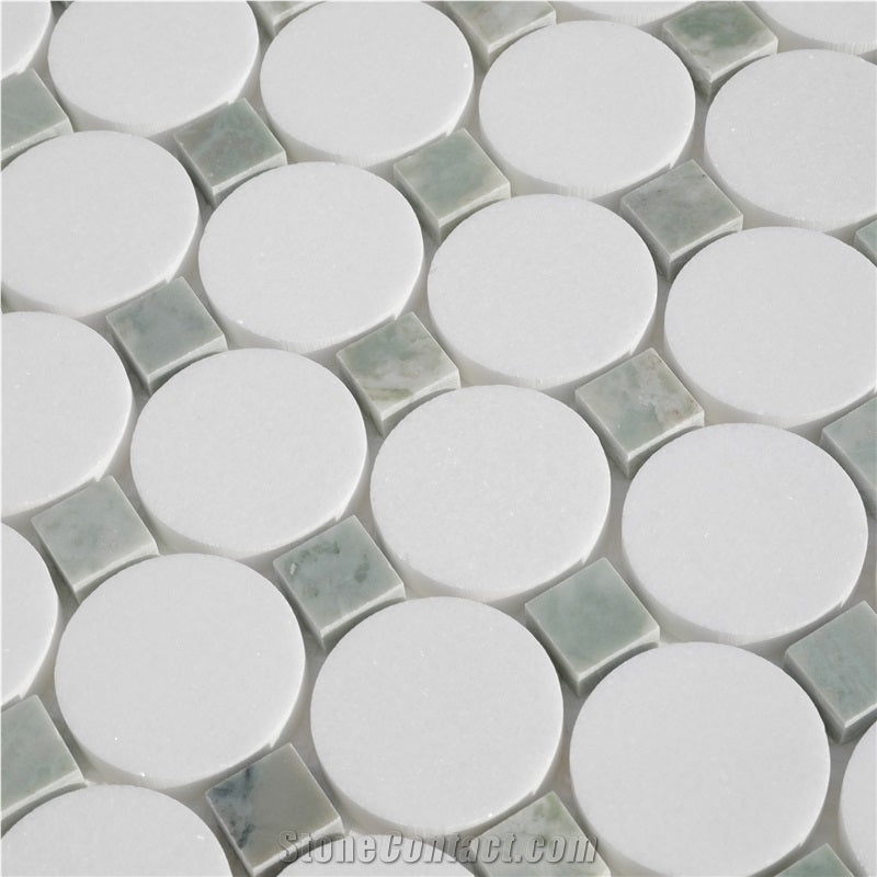 Thassos Marble and Desert Jade Round Square Mosaic Tiles