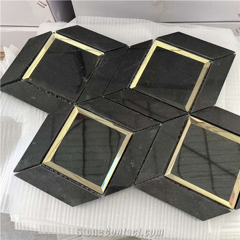 Water-Jet Gold Color Brass with Marble Tiles Mosaic for Wall